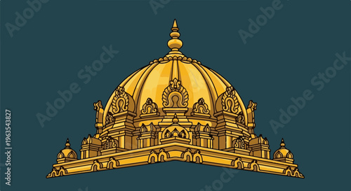 Ornate golden temple dome with intricate carvings and spire