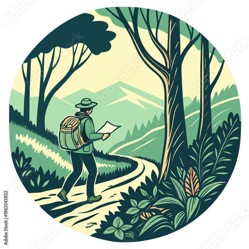 Hiker man with backpack and map walking in mountains forest vector illustration