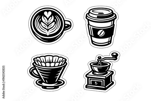 Different coffee symbols with a cup, a to-go cup, a filter, and a coffee grinder displayed on a white background