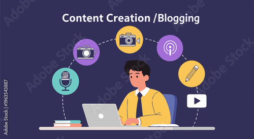 Person creates digital content using laptop with icons for media