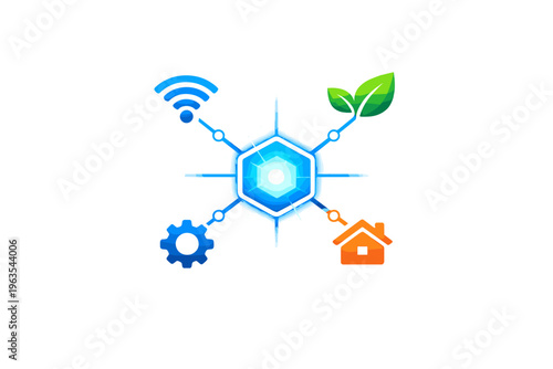 Network and environment icons connected to a central hexagon representing smart technology at home for sustainability and efficiency
