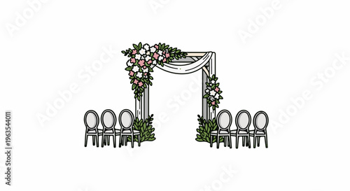 Outdoor wedding ceremony setup with floral arch and chairs