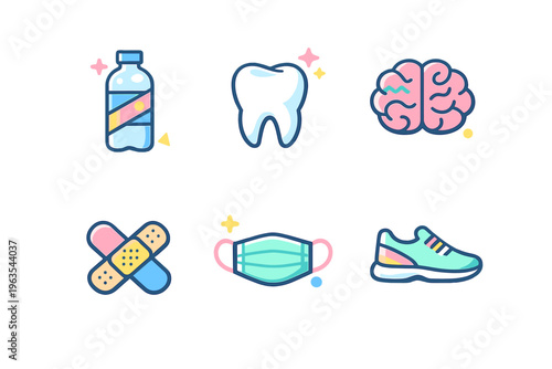 Various health-related icons showing water, dental care, brain function, injuries, masks, and fitness gear for wellness promotion