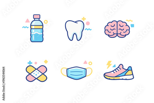 Health and wellness icons display various items related to fitness and hygiene