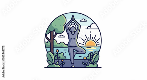 Person doing tree pose yoga by water with sun rising over horizon