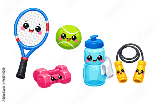 Cute sports equipment with smiling faces including a racket, ball, weights, water bottle, and skipping rope set on a white background