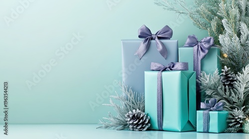 Festive aqua and blue wrapped gifts with silver accents and pinecones