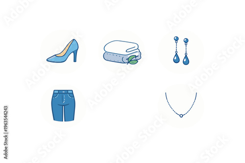 Various clothing and accessories arranged in a simple layout with a focus on color and texture