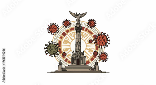 Monument surrounded by virus icons and ancient circular design