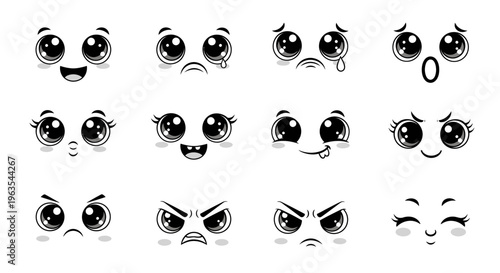 Set of expressive cartoon eyes and mouth illustrations in black and white outline, depicting diverse emotions like happiness, sadness, anger, and surprise, isolated white background.