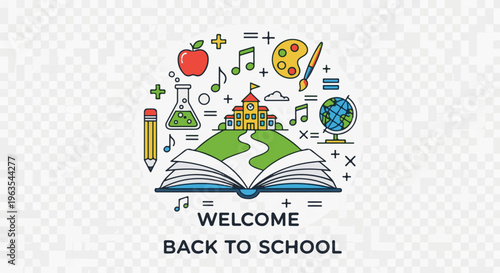 Open book with school, globe, and art supplies, welcome back to school text