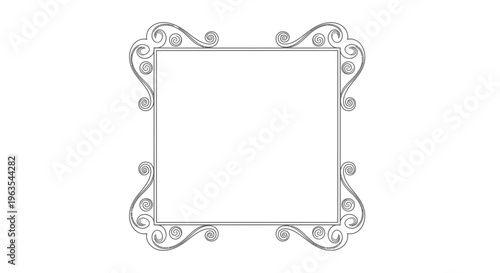 Elegant Square Decorative Frame with Ornate Swirling Corners and Flourishes, Isolated White Background
