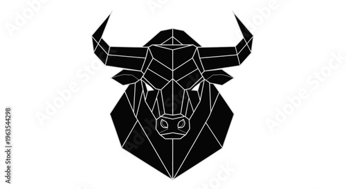 Powerful Geometric Bull Head Silhouette in Abstract Style, Isolated White Background