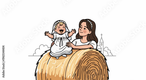 Mother and child in white attire sit on a hay bale near a church