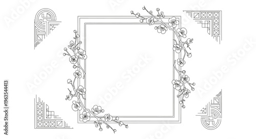 Decorative rectangular frame with elegant corner floral and geometric oriental patterns, black line art drawing in bright studio.