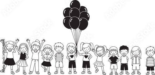 Group of happy children diverse boys and girls standing together holding black balloons cad drawing flat vector illustration minimalist silhouette style for primary education