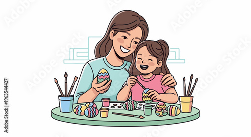 Mother and daughter happily painting colorful Easter eggs together