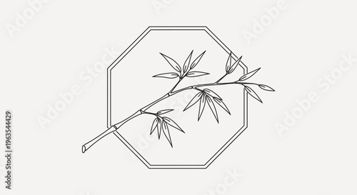 Octagonal decorative frame with elegant bamboo branch illustration, depicting an oriental nature theme in black outline, in bright studio.