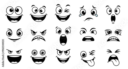 Diverse Collection of Cartoon Facial Expressions Displaying Various Emotions, Isolated White Background