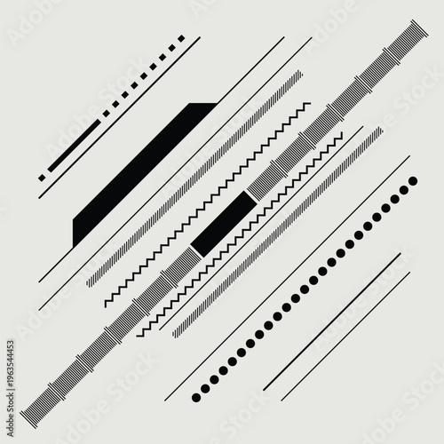 Abstract Geometric Vector Pattern with Minimalist Diagonal Lines, Zigzag Elements, Dotted Tracks, and Technical Schematic Shapes, Modern High-Tech Isometric Art Background