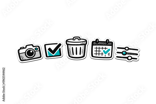 Icons of digital tools for communication and organization used in daily tasks and activities at work or home settings