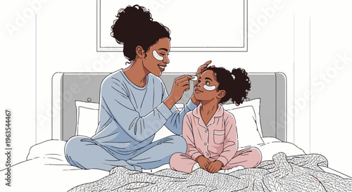 Mother applies eye patch to daughter on bed, self-care routine