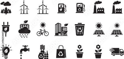 A collection of eco-friendly icons representing sustainable living and environmental awareness.