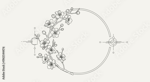 Elegant circular frame with delicate cherry blossom floral decoration and abstract geometric patterns, black line art drawing in bright studio.