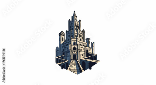 Ornate, multi-turreted castle with pathways and bridges, rendered in a stylized, illustrated fashion