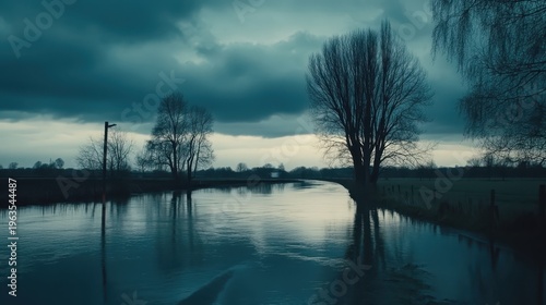 Floodwaters inundate rural roads under overcast skies, making them impassable due to extreme weather conditions