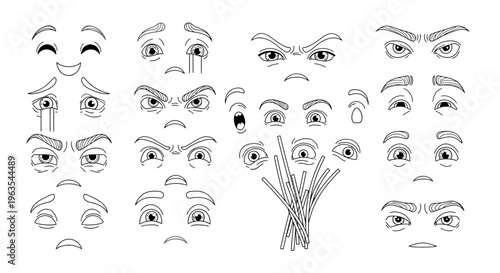 Comprehensive Collection of Cartoon Eyes and Mouths Displaying a Wide Array of Facial Expressions, Isolated White Background