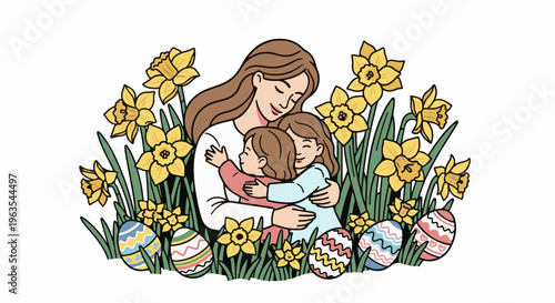 Mother embracing her two daughters in a field of daffodils and Easter eggs