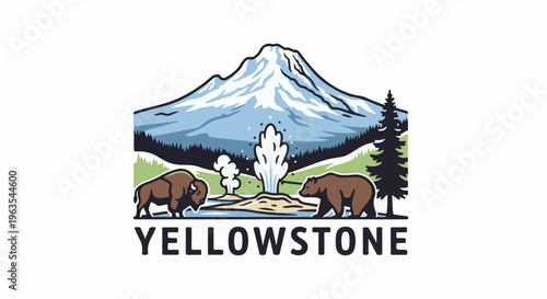 Mountain, geyser, bison, bear, and pine tree illustration
