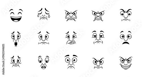 Set of Cartoon Facial Expressions Depicting Various Negative Emotions, Isolated White Background