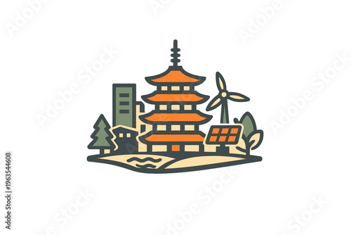 City landscape with traditional pagoda, modern buildings, and renewable energy sources in a harmonious setting