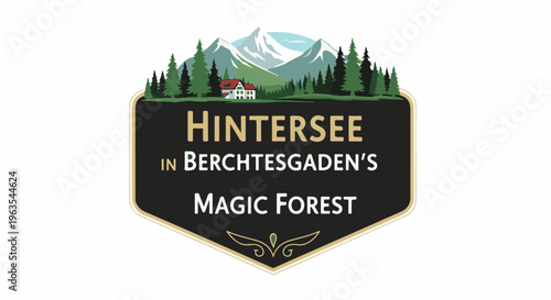 Mountain lake resort with forest and snow-capped peaks