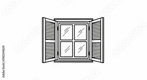 Open shutters reveal a four-paned window with slatted covers