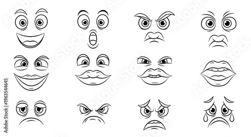 Collection of Black and White Line Art Facial Features Expressing Various Emotions on Isolated White Background