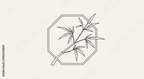Octagonal Frame with Bamboo Branches and Leaves in Line Art Style on Light Beige Background