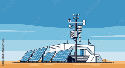 Modern research station with solar panels in a dry, sunny landscape