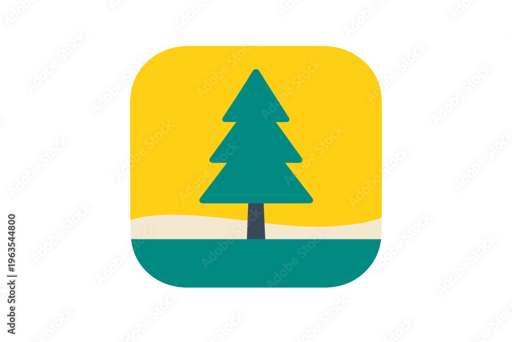 Obraz premium Pine tree stands alone in a simple design against a yellow background with a blue base and white sand