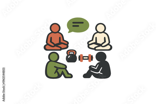 People discussing fitness and health while sitting around weights in a group setting