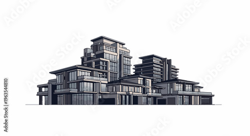 Modern multi-story buildings with glass facades and varied geometric forms