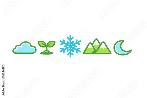 Nature icons showing cloud, plant, snowflake, mountains, and moon in a simple design for learning and teaching about the environment