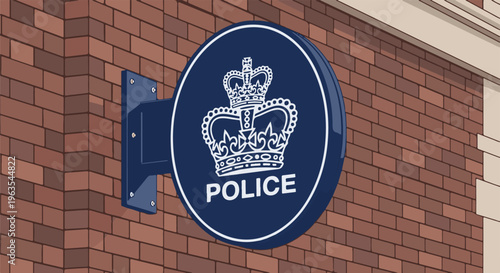 Oval police station sign with crown emblem hangs on brick wall