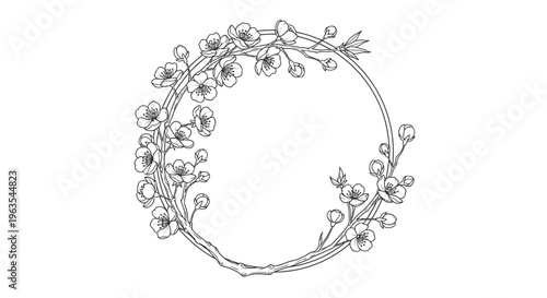 Elegant Circular Floral Frame with Branches and Small Flowers in Line Art Style on Isolated White Background