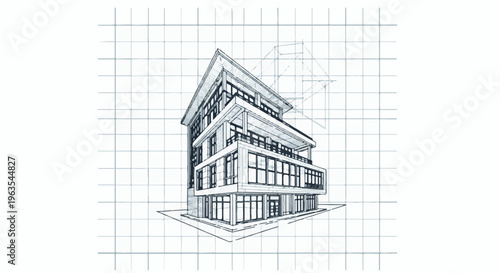 Modern multi-story building sketch on graph paper, architectural design