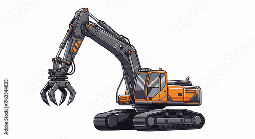 Orange and gray excavator with a claw attachment on tracks