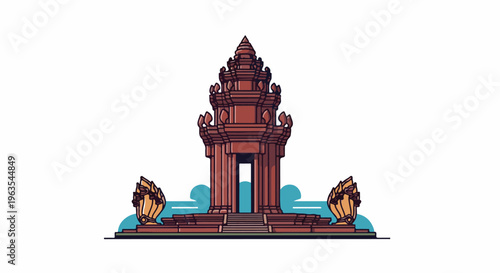 Ornate red temple with guardian serpent statues and blue abstract background