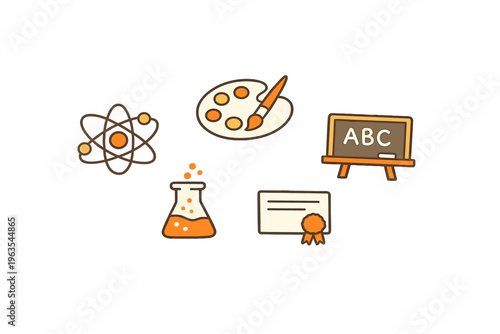 Learning about science, art, and education in a simple design featuring various symbols on a white background